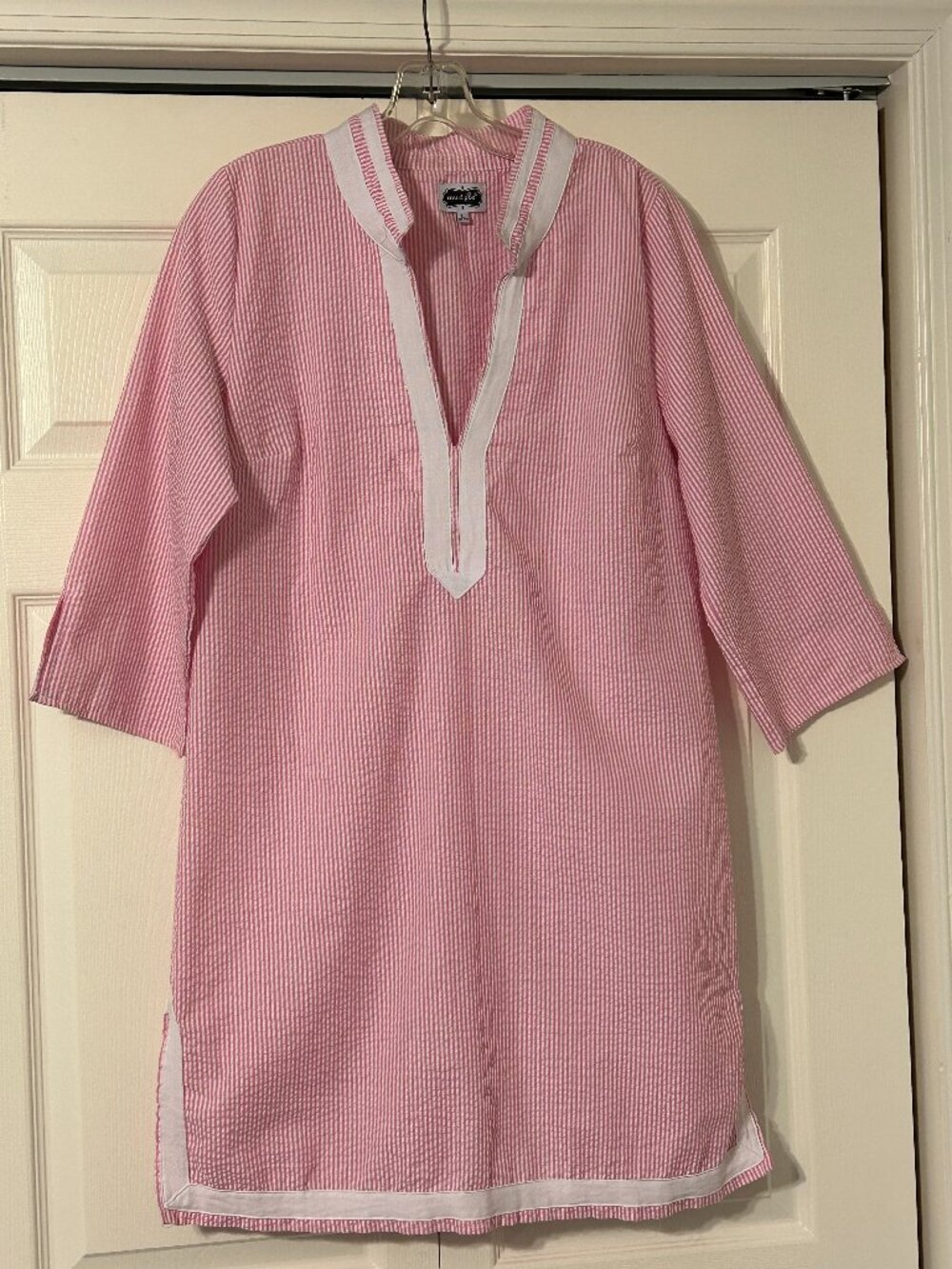 MUD PIE Sz L Pink and White Seersucker 3/4 Sleeves Swim Coverup Tunic Dress